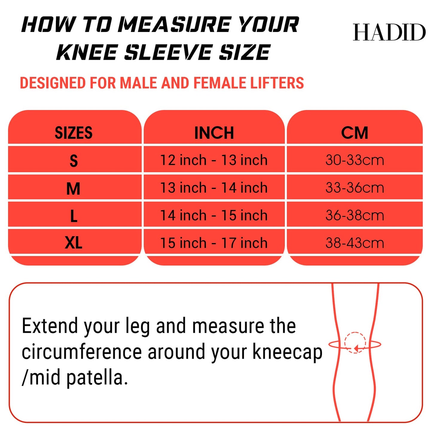 Hadid Knee Sleeves Size Measurement Chart